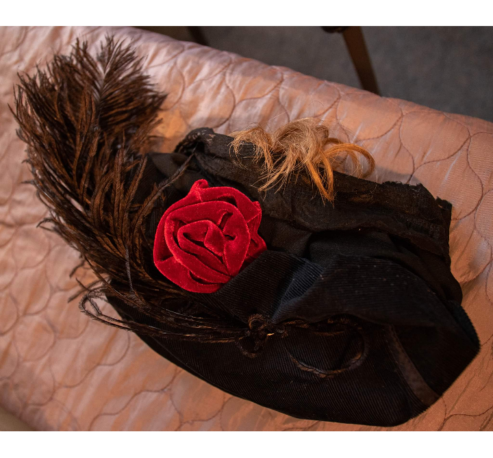 Renaissance Faire Velvet Beret Muffin hat with feather and velvet rose