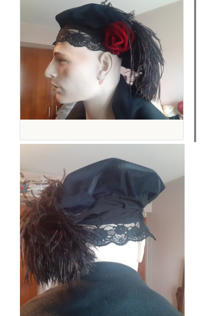 Renaissance Faire Velvet Beret Muffin hat with feather and velvet rose